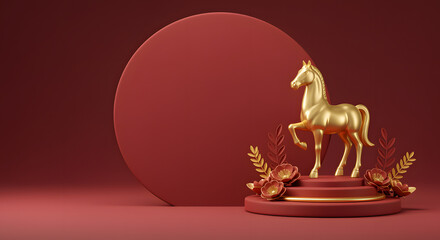 Happy New Year 2026 - Year of Horse - Golden Horse on Red Circle &ndash; Festive Chinese