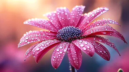 Enchanting pink daisy covered in glistening raindrops, a close-up botanical masterpiece - Powered by Adobe