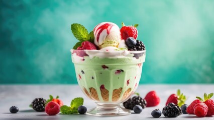 Delicious ice cream with fresh berries and mint in a glass dessert bowl on emerald grey background. Perfect summer treat with copy space, ideal for food ads, menus, blogs, packaging, banner, poster