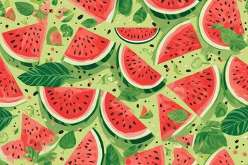 Seamless vector pattern with watermelon slices, seeds, and leaves in vibrant red and green summer palette, perfect for textiles, packaging, wrapping paper, wallpapers, poster, card, branding, website