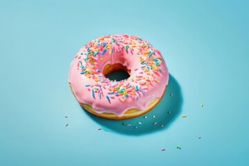 Single pink glazed donut with colorful sprinkles on pastel blue background. Fun and sweet dessert concept with copy space. Ideal for bakery ads, branding, menus, packaging, and social media visuals.