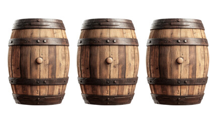 Obraz premium Wooden oak barrels with metal bands and aged texture isolated on white background