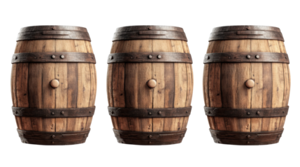 Wooden oak barrels with metal bands and aged texture isolated on white background