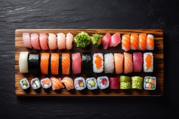 Top view of elegant sushi set with nigiri, maki rolls, wasabi, and pickled ginger on wooden board over black slate table — stylish presentation with copy space for menu, promotion use, restaurant