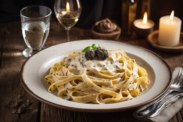 Gourmet Italian tagliatelle pasta in truffle cream sauce served on a white ceramic plate over a rustic wooden table in a restaurant setting —  Perfect for menus, restaurant, cafe, ads, blogs, poster