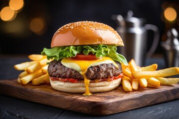 Juicy beef burger with melted cheese, lettuce, tomato, and brioche bun served with French fries on a wooden board, placed on modern black slate restaurant table. Gourmet food concept with copy space. 