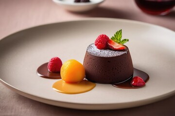Decadent chocolate lava cake with fruit garnish elegantly served on a minimalist ceramic plate in a fine dining restaurant — rich, gourmet dessert perfect for menu, branding, cafe, blogs, ads, poster 