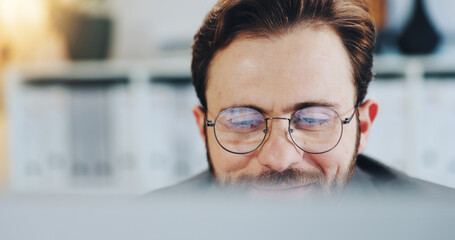 Smile, man and reading on computer in office for editor feedback, information and article post....