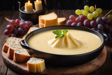 Ceramic bowl of melted cheese fondue surrounded by artisan bread cubes and grapes on a rustic wooden table — cozy, gourmet food scene perfect for menus, ads, culinary publications, restaurant, blogs  