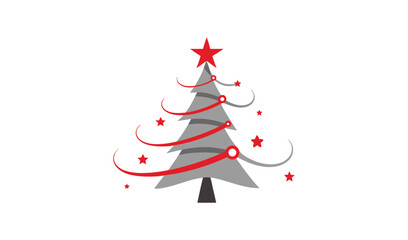 Stylized christmas tree with red star and swirls on white background
