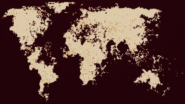 A stylized world map rendered as an animated pixel grid. Bright dots of light form the continents and indicate centers of activity. Globalization, connectivity, and the impact of technology on modern