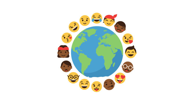 Emojis and faces from diverse backgrounds surround a planet Earth world emoji day