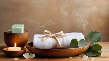 Natural spa products on wooden table with folded white towel, bar soap, eucalyptus leaves, and flower petals — serene wellness composition with copy space for beauty, skincare, or relaxation themes. 