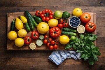 Top view of vibrant seasonal fruits and vegetables like tomatoes, cucumbers, lemons, blueberries, zucchini, and herbs on a cutting board with kitchen towel on rustic wooden table and copy space.