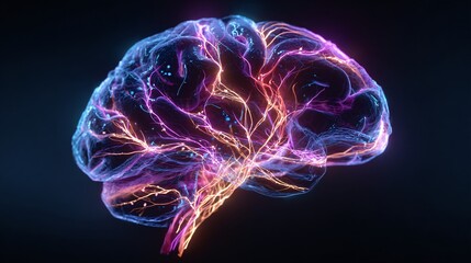 Abstract AI brain circuit glowing with colorful electric connections, deep dark background, vivid neon lines highlighting artificial intelligence concept