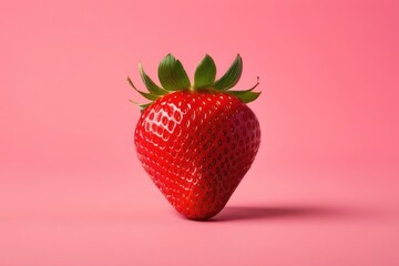 Single ripe strawberry centered on pastel pink background with copy space. Minimalist fresh fruit concept, perfect for ads, packaging, wellness or summer themes, food ads, banner, poster, websites