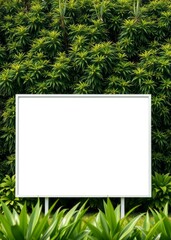 A stark white billboard a canvas of endless possibilities for creativity and communication stood proudly against a vibrant backdrop of lush green plants ready to be transformed into a captivating adve