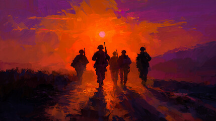Fototapeta premium Silhouettes of soldiers walking at sunset, artistic painting with warm orange sky, symbolizing courage, unity, and sacrifice in a dramatic and emotional battlefield scene.