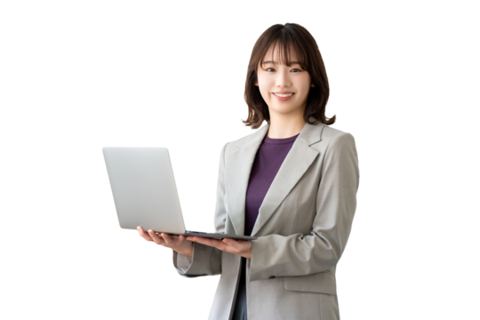 パソコンを持つ女性・ビジネスウーマン（背景透過PNG）