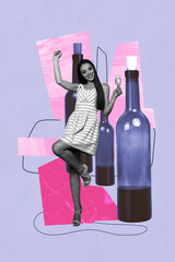 3d poster image vertical pop art collage of happy girl guy stand wine bottle beverage celebration...