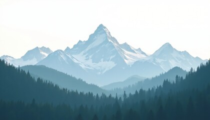 Majestic snow capped mountain range overlooking a dense evergreen forest A serene landscape scene