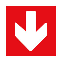 Down arrow. Red fire sign. Arrow pointing down. Direction of movement to the exit or shelter in case of fire or smoke. Movement down to a safe area. Fire exit.