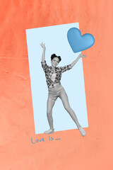 Zine trendy vertical banner creative collage of happy girl guy receive like reaction popular blog...
