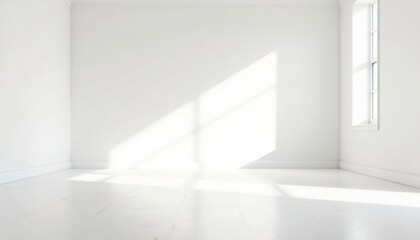 Fototapeta premium Sunlight illuminates empty white room corner white walls floor window empty room