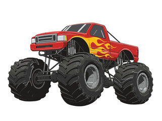Red monster truck with flame graphics on large tires on transparent background 