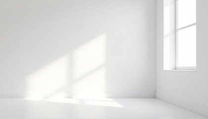 Sunlight illuminates a minimalist white room with a single window Bright light casts shadows on the wall and floor