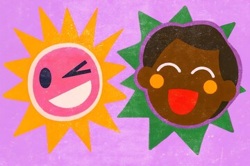 Fototapeta premium Joyful sun and child character duo with playful expressions on a textured purple background