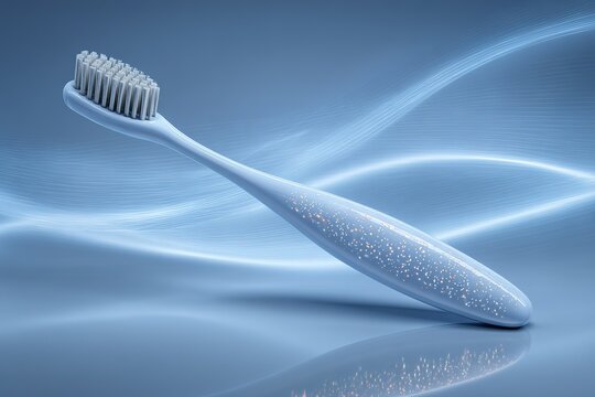 Sparkling white toothbrush on a smooth blue background with soft flowing waves