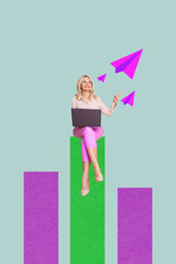 Vertical 3d art pop image collage of happy businesswoman businessman stand chart statistics goal progress paper plane flight
