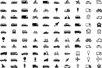 Extensive Collection of Black and White Transportation Icons: Cars, Buses, Bikes, and Air Travel Symbols.