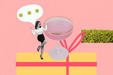 Sketch image artwork montage 3D photo collage of club glass celebrate drink friday cocktail young...