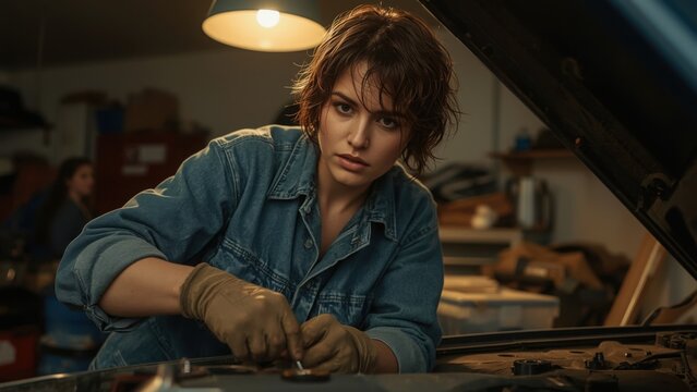 Woman mechanic working on a car engine in a garage with a focused and determined expression on her face
