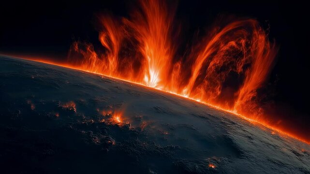 Powerful solar prominences rise like fiery arches from the sun's surface, creating a breathtaking spectacle of plasma energy against the dark backdrop of space
