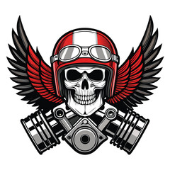 A fantastical blend of a skull, engine, piston wings, and helmet, creating a unique, powerful symbol.