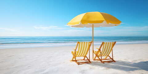 Two empty yellow and white striped beach chairs under a bright yellow umbrella on a white sand beach by the blue ocean. Summer vacation concept for travel.