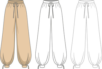 Women's Harem Pants Flat Sketch Technical Drawing, Drawstring Waist and Ankle Details, Boho Loungewear Apparel Mockup, Casual Relaxed Fit Vector Illustration.