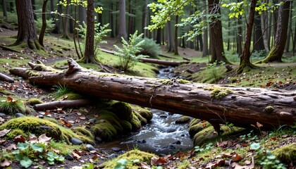 Obraz premium an idyllic natural setting featuring a small creek with clear water, passing under a sturdy wooden bridge
