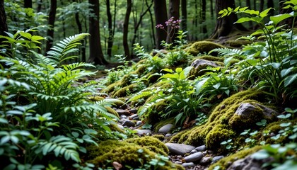 Fototapeta premium a forested area with abundant greenery, consisting of trees, ferns, and moss covered rocks