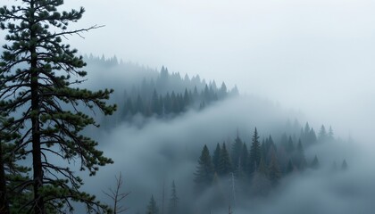 Obraz premium a serene mountain landscape under foggy conditions, with trees partially obscured by mist.