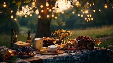 A charming outdoor picnic showcases delightful cheeses, grapes, and wine spread across a checkered tablecloth, all illuminated by whical st lights overhead.