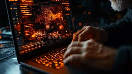 Man's hands typing on laptop screen with abstract data visualizations close-up shot - Powered by Adobe