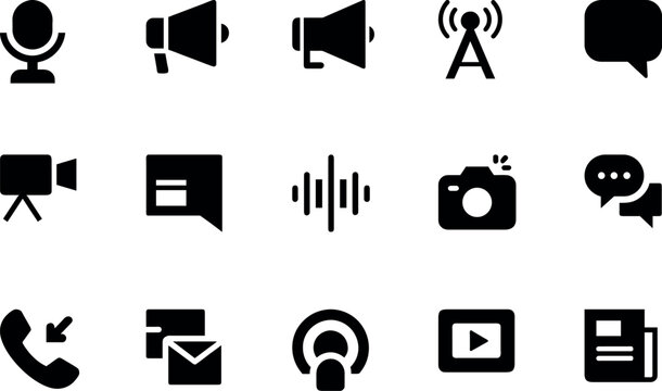 Communication & Media Silhouette Icon Bundle – Speech Bubble, Envelope, Radio Tower, Play Button, Microphone, Newspaper, Loudspeaker, Chat Window, Comment Bubble, Camera Flash, Megaphone, Video Camera - Powered by Adobe