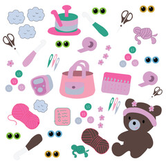 Hand drawn crochet set. Vector stock illustration