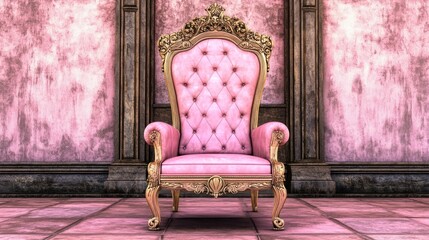 Ornate, pink throne chair in a vintage room.