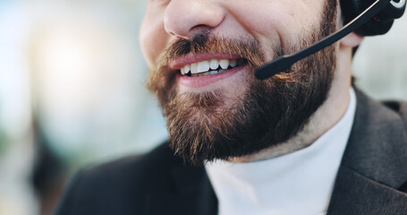 Call center, business man and mouth for consulting, communication or lead generation for sale....