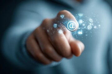 A hand interacts with glowing, ethereal communication and connectivity icons, set against a blurred